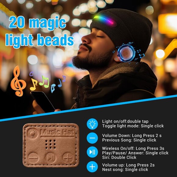 LED Beanie Hat with Bluetooth, Multiple Adjustable Light Modes Hat, USB Recharge - Picture 4 of 7